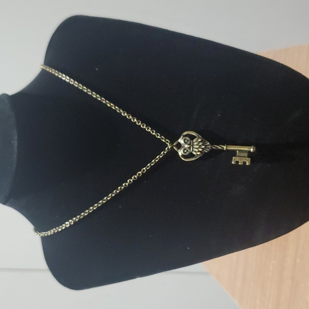 Y2K OWL key Bronze double sided pendant 36" chain Necklace